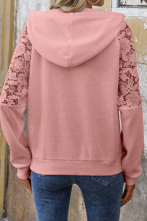 Waffle Knit Lace Patchwork Raglan Drawstring Kangaroo Pocket Hoodie